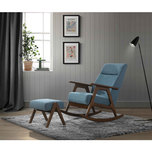 VINCENT HIGH BACK ROCKING CHAIR+FOOTSTOOL-DEEP SEA FABRIC/MEDIUM BROWN