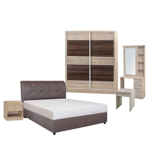 DVB-1111LQ 5FT Fabric Divan Bed with 2 pcs base + leg + 5FT 2 Sliding Door Wardrobe + Dressing Table + Stool + Side Table